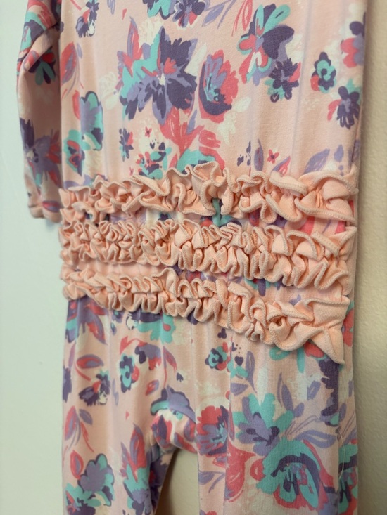 Ruffle Butts Pink Floral Footed One-Piece with Purple & Teal Blooms - Picture 3 of 6